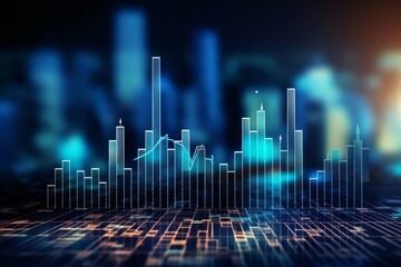 Naklejka premium Stock market growth, business investing and data concept with digital financial chart graphs, diagrams and indicators on dark blue blurry background Generative AI