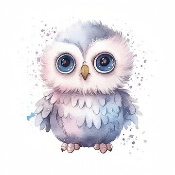 Watercolour Illustration of Blue-Eyed Owl on White Background - AI Generative