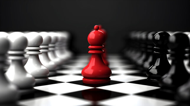 Success in Business or Talent Concept. Stand Out from the Crowd. Different and Individual. Spotlight to the red pawn chess piece board. 3D rendering