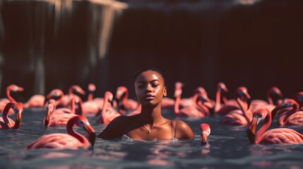 Fototapeta na wymiar African American woman swimming with real flamingo in a natural lake, concept of freedom, relax in exotic resort, ethnic, unusual, self care, pastel pink colors, AI Generated