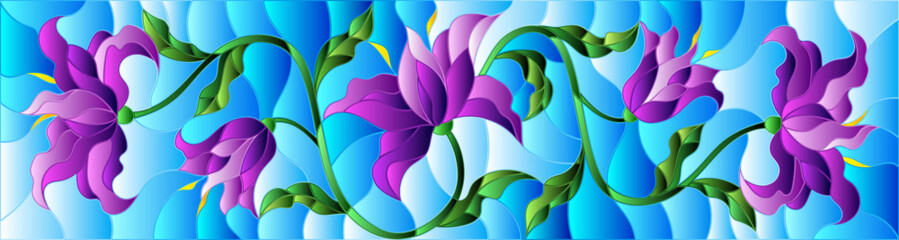 An illustration in the style of a stained glass window with purple flowers on a blue sky background