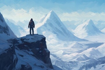 Inspiring view as a man stands triumphantly atop of a snow covered mountain