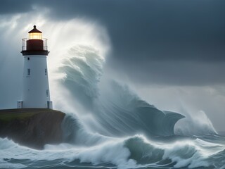 Naklejka na ściany i meble lighthouse on the coast of the sea generated by Ai