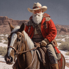 Western Santa Claus in a western snow scene. Created using ai generative. 