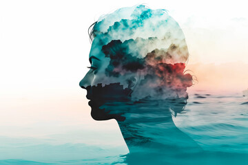 Double exposure from female profile and ocean. Ecological environment care, beauty and health concept. Generative AI illustration