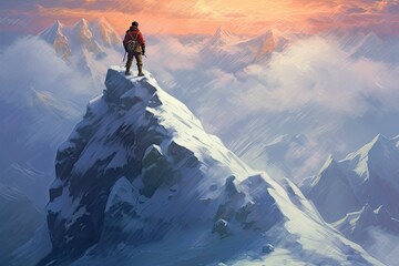 Inspiring view as a man stands triumphantly atop of a snow covered mountain