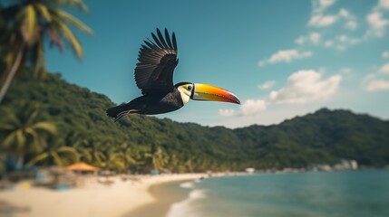 Obraz premium Toucan flies over the beach. Tropical beauty and bright colors. Generative AI