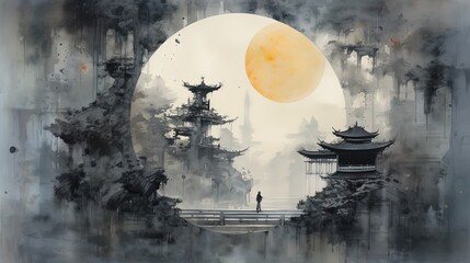 artistic illustration ink painting style ancient Asian city at night, Generative Ai