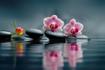 Obraz na płótnie Canvas Orchids and spa stones balance on calm water. Generative AI illustration