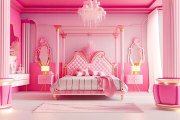 Doll like room. Big comfortable royal bed with pillows in luxury bedroom interior. Female bedroom in pink and white colors. romantic style. Generative Ai - obrazy, fototapety, plakaty