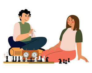 Wife and husband playing chess on white background