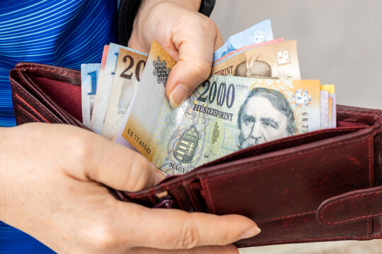 Hungarian money, Woman counting money in wallet, Economic situation of Hungarians, Market value of forint