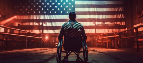 Fototapeta na wymiar Wheelchair and an American flag in the background. Concept of patriotism. Generative AI
