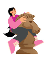 Woman with chess piece on white background