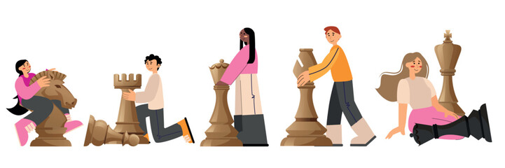 Set of people with chess pieces on white background
