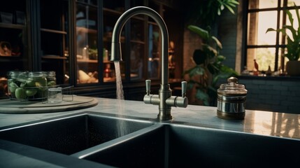 Fototapeta na wymiar Faucet in a modern kitchen. Elegant and modern design. Generative AI