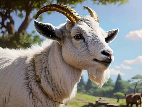A Goat with golden horns looking at us