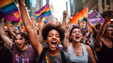 A group of diverse activists marching in a busy city street, carrying colorful banners and shouting slogans promoting gender equality, racial justice, and LGBTQ+ rights.