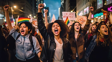 A group of diverse activists marching in a busy city street, carrying colorful banners and shouting slogans promoting gender equality, racial justice, and LGBTQ+ rights.