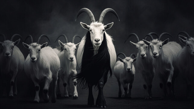 Leadership, alpha goat leading on a field with white goats in the back. generative ai