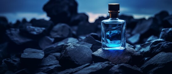 Glass bottle of blue perfume on black stone surface. Generative AI
