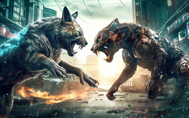 Cyberpunk dogs, cats and other animals fight each other in the cyberpunk neon city. They fight each other for daily food on the streets of the neon city. Generative AI.