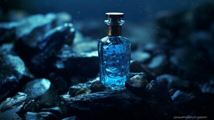 Glass bottle of blue perfume on black stone surface. Generative AI