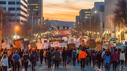 Obraz premium A protest march for climate change awareness, with vibrant signs and banners, amidst a bustling cityscape at sunset, invoking a sense of urgency and determination