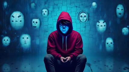 Cyberbullying, A teenager being harassed online, A dark and menacing digital environment, A sense of fear and vulnerability