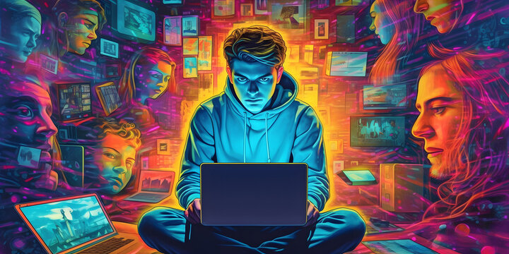 Cyberbullying, A teenager being harassed online, A dark and menacing digital environment, A sense of fear and vulnerability