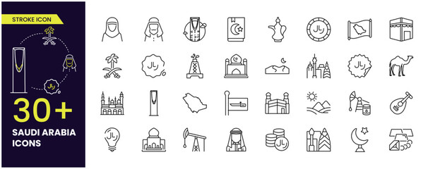 Saudi Arabia Line Icons. Contains such as buildings, towers, coins, oil, camel, people, building etc,. Editable Stroke Icon collections
