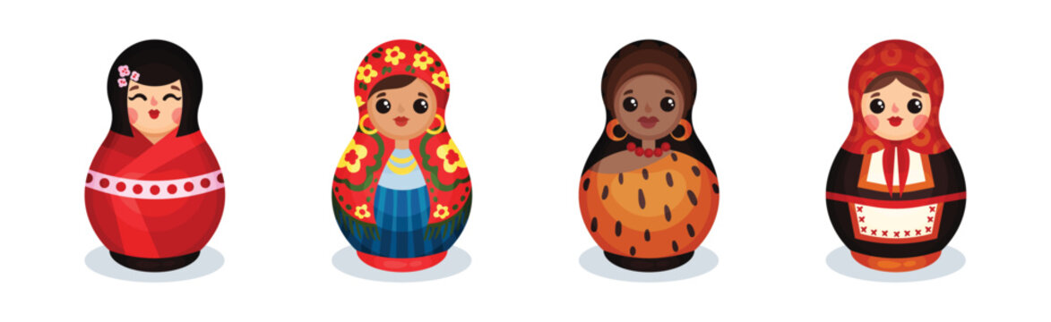 Russian Matryoshka Dolls in National Costume of Different Country Vector Set