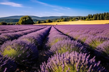 Naklejka na ściany i meble Sunset over a violet lavender field , AI Generated