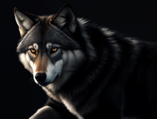 Portrait of adult wolf on dark background, generative ai. Hunter in the woods at midnight