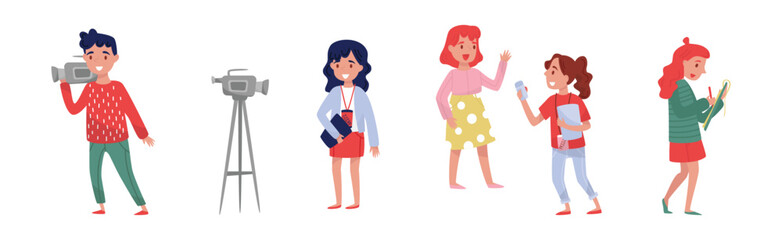 People Journalist and Cameraman Presenting and Reporting News Vector Set