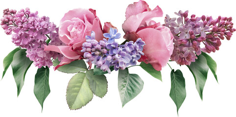 Roses and lilac isolated on a transparent background. Png file.  Floral line arrangement, bouquet...