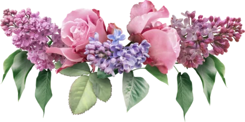 Foto op Canvas Roses and lilac isolated on a transparent background. Png file.  Floral line arrangement, bouquet of garden flowers. Can be used for invitations, greeting, wedding card. © RinaM