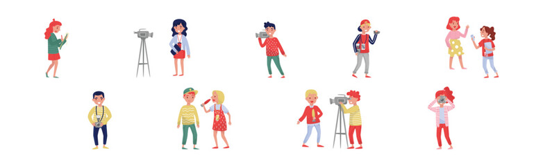 People Journalist and Cameraman Presenting and Reporting News Vector Set