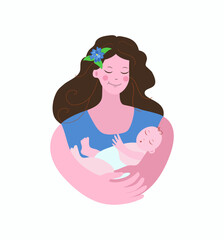 Young woman, mother with a baby in her arms. Infant, maternity, newborn, Breastfeeding Day. Children's Day. Vector illustration on isolated background.