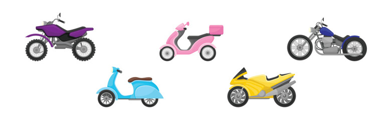Bike and Motorbike as Motor Vehicle with Saddle Seat and Handlebar Vector Set