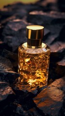 Obraz na płótnie Canvas Glass bottle of gold perfume on black stone surface. Generative AI