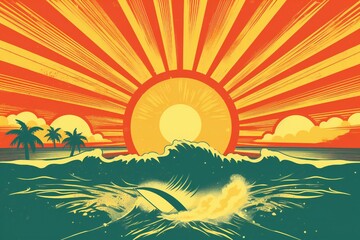 Fototapeta na wymiar Sunset vintage retro style beach surf poster background Generative AI