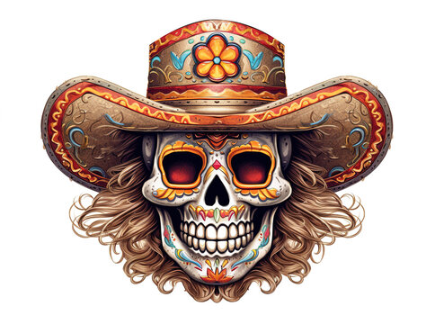 Mexican drawing skull in hat isolated on white background. Generated by AI.