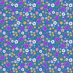Trendy seamless botanical textile print.Small multi-colored flowers on a dark background seamless pattern for fabric, paper. Vector, hand drawn, Floral fashion pattern, ditsy print