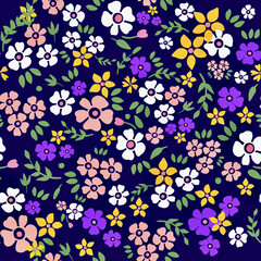 Trendy seamless botanical textile print.Small multi-colored flowers on a dark background seamless pattern for fabric, paper. Vector, hand drawn, Floral fashion pattern, ditsy print