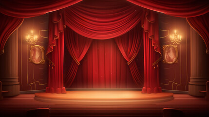 Theater stage with red curtains and spotlights