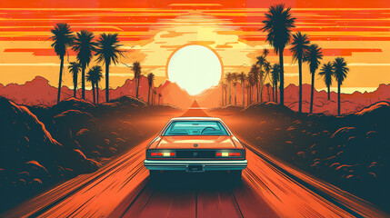 Fototapeta na wymiar Summer vibes 80s style illustration with car driving into sunset