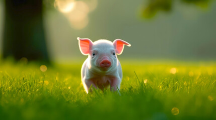 Naklejka na ściany i meble Cute little piglet standing on green grass in sunset light. Generative AI.