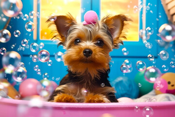 Yorkshire Terrier in a bathtub with soap bubbles in the background. 