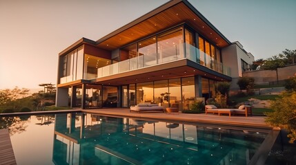 Obraz premium Displaying the Illuminated Exterior of a Contemporary Villa at Night generative AI